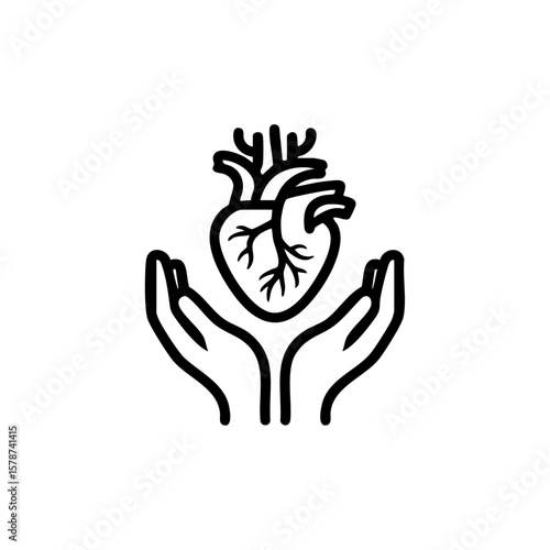 A detailed black vector of two hands holding an anatomical heart, symbolizing medical care, empathy, or life-saving support.
