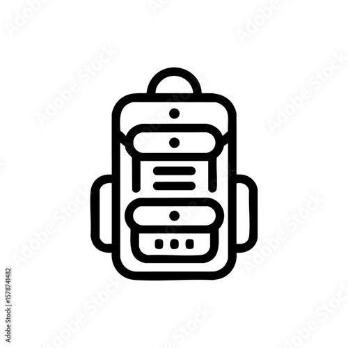 A detailed hiking backpack with layered compartments represents adventure, survival, and outdoor readiness in clean outline style.
