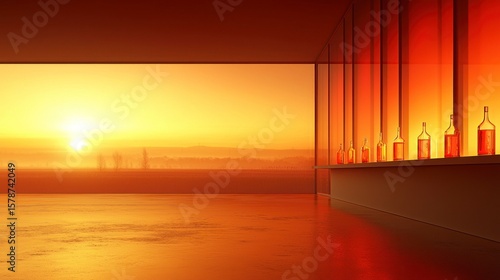 Serene Sunset View from Modern Office with Bottles Reflecting Warm Tones and Expansive Outdoor Landscape