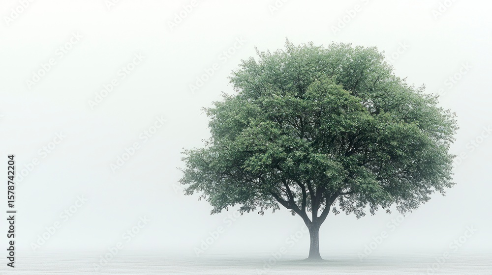 Fototapeta premium Serene Green Tree in Foggy Landscape Representing Spiritual Growth and Realistic Beauty in Nature Photography