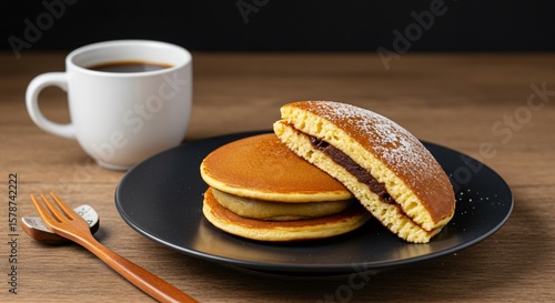 Dorayaki pancakes with red bean paste and coffee on a wooden table for a sweet breakfast treat