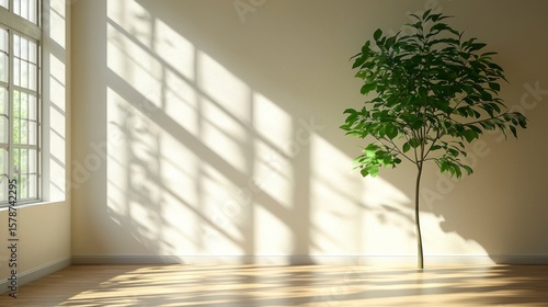 Serene Indoor Tree with Sunlight and Shadows in a Minimalistic Space
