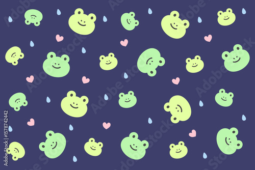 Playful frog pattern scattered with tiny heart accents on a bold dark background. Perfect for cute wallpaper designs, kids' apparel, or fun love-themed decor.