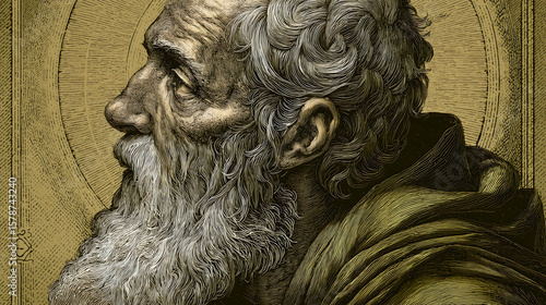 Vintage engraving or woodcut style illustration of Saint Paul the Apostle. This detailed antique portrait of the wise.