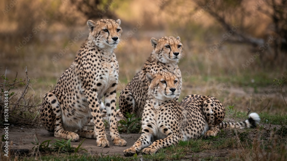 Three cheetahs resting together in african savannah grassland Three cheetahs resting together in african savannah grassland