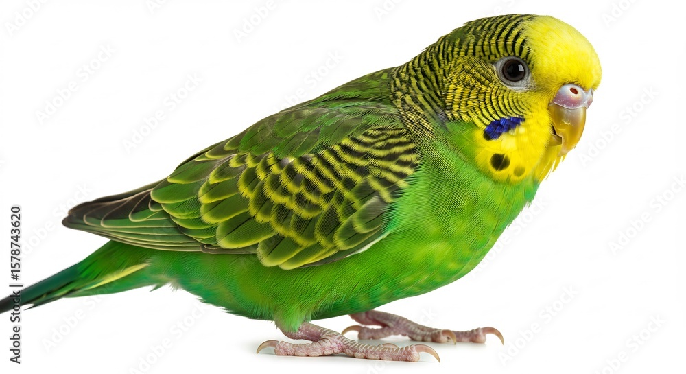 Fototapeta premium 鮮やか緑色 小さなインコ 穏やか表情 白い背景 スタジオ撮影. AI Generated