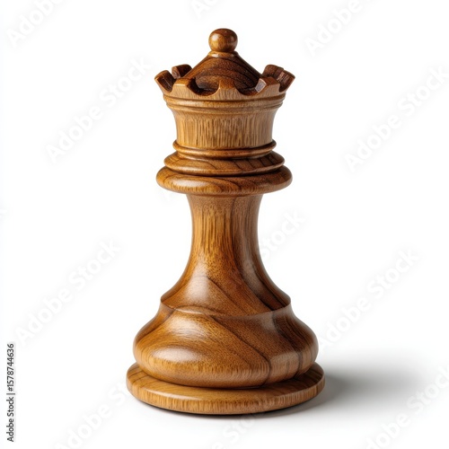 Elegant wooden queen chess piece standing alone isolated on white background