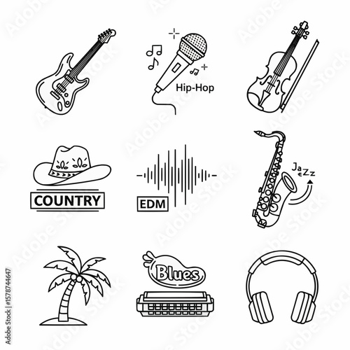 Collection of Musical Instrument and Genre Icons in Line Art Style