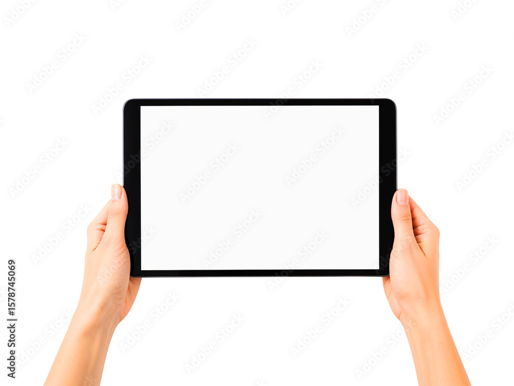 Hands holding digital tablet with blank screen
Hands holding digital tablet with blank screen