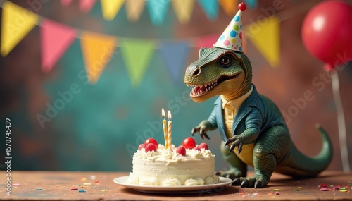 Fototapeta Naklejka Na Ścianę i Meble -  A smartly-dressed dinosaur at a birthday party with cake , dinosaur, happy