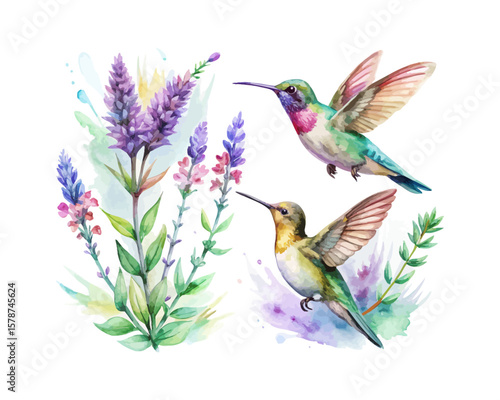 watercolor Hummingbird Sage Branch vector illustration isolated on white background