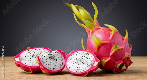 A whole and two halved dragon fruits showing the white flesh and black seeds on a wooden surface