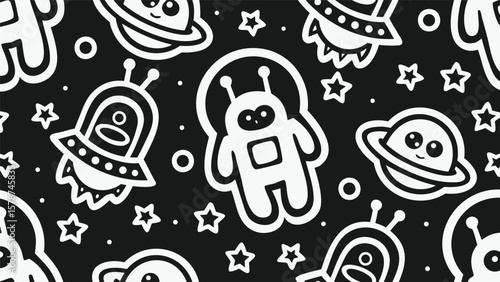 Black background with white cartoon drawings of aliens spaceships planets and stars scattered around