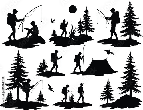 Silhouette Illustration of Outdoor Activities Hiking Fishing Camping and Nature Scenes