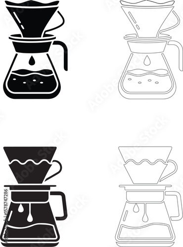 coffee day pour over coffee dripper carafe silhouette outline 2x2 grid illustration set