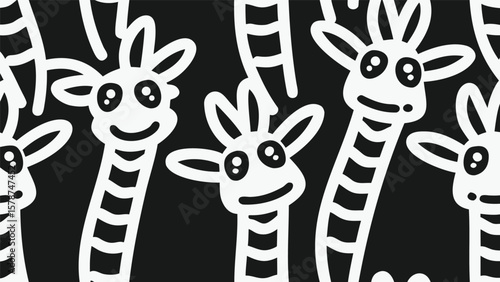 Monochrome pattern featuring cartoonish giraffes with large eyes and striped necks on black background