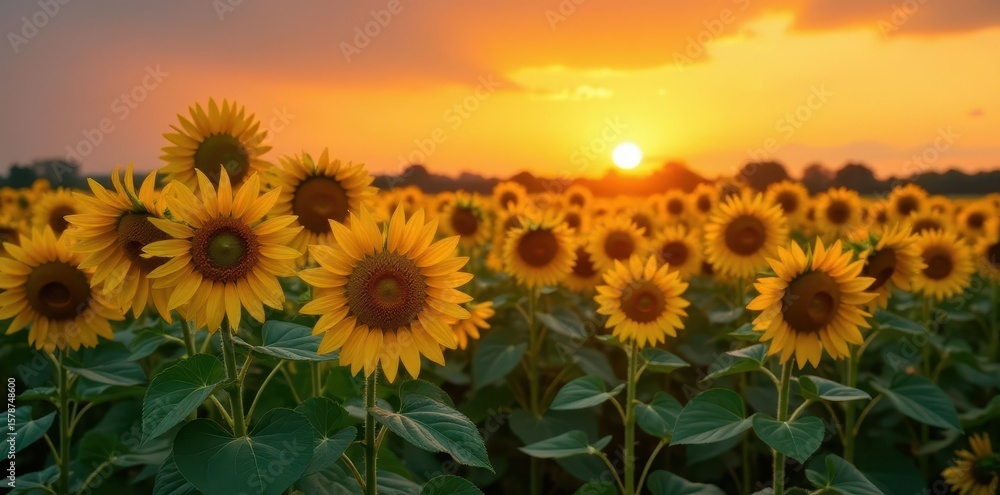 Obraz premium Field of tall sunflowers in vibrant yellow with dark green leaves stretching towards a warm orange sunset background, golden light, sunset