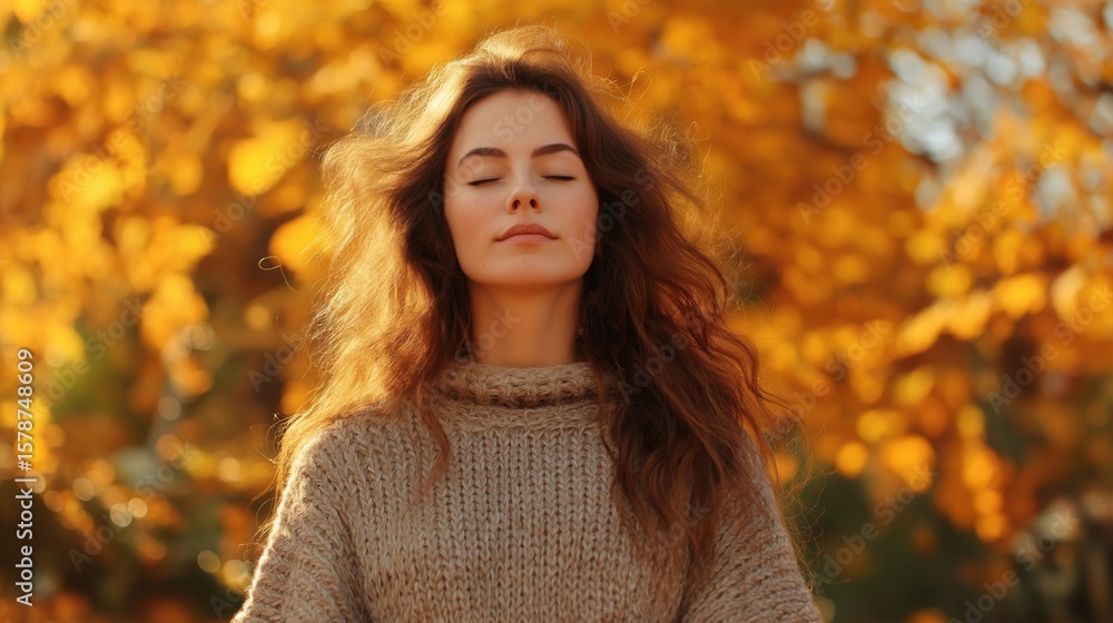 Peaceful woman's portrait, closed eyes, surrounded by glowing golden autumn leaves Peaceful woman's portrait, closed eyes, surrounded by glowing golden autumn leaves