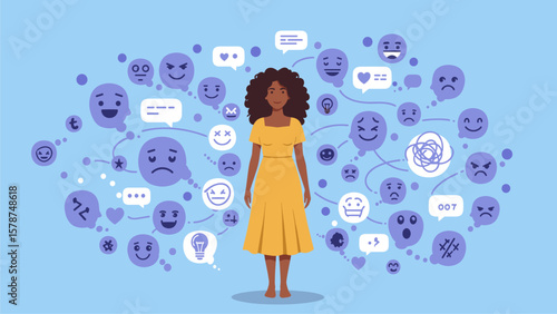 Emotional Intelligence Concept: Woman surrounded by a network of diverse feelings and digital communication symbols.