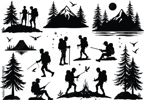 Silhouette Collection Hikers Mountains Trees Campfire and Nature Elements in Black and White