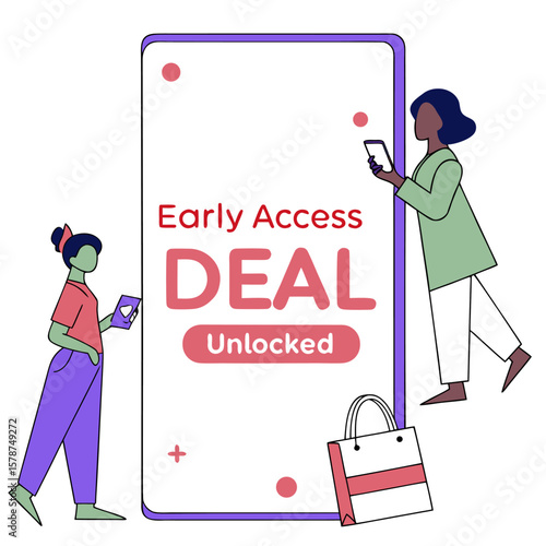 Illustration of two women accessing early deal on a mobile phone with shopping bag and unlocked message
