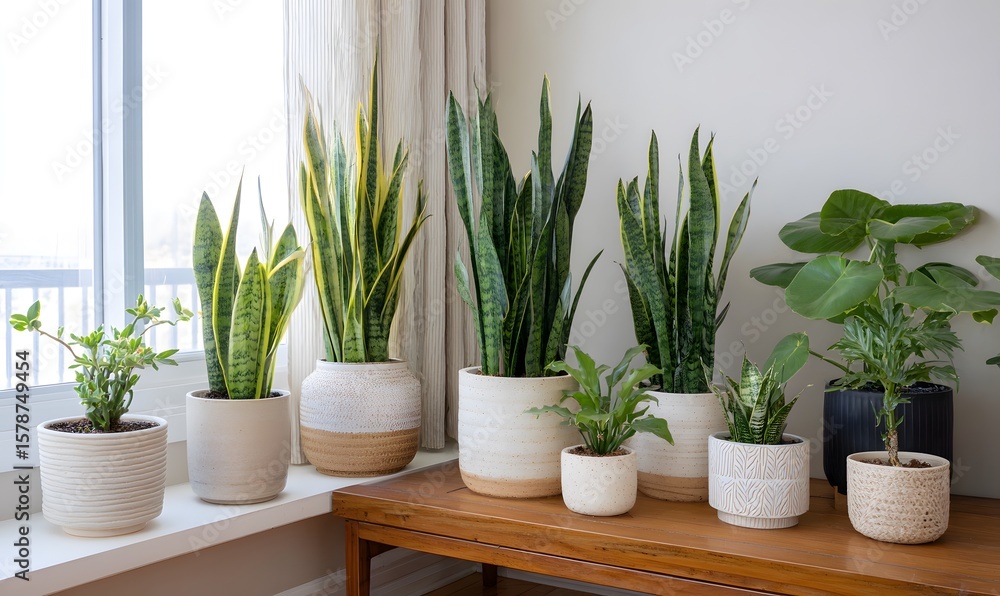 Fototapeta premium Snake Plant Varieties desplayed in multiple pots in one room