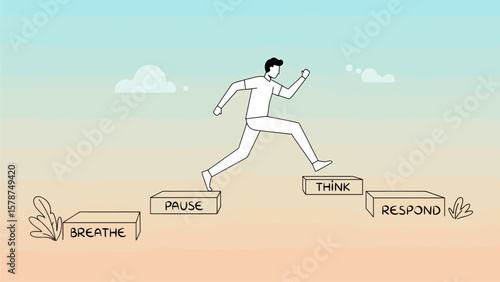 Mindful response: Man steps through 'Breathe, Pause, Think, Respond' process illustration