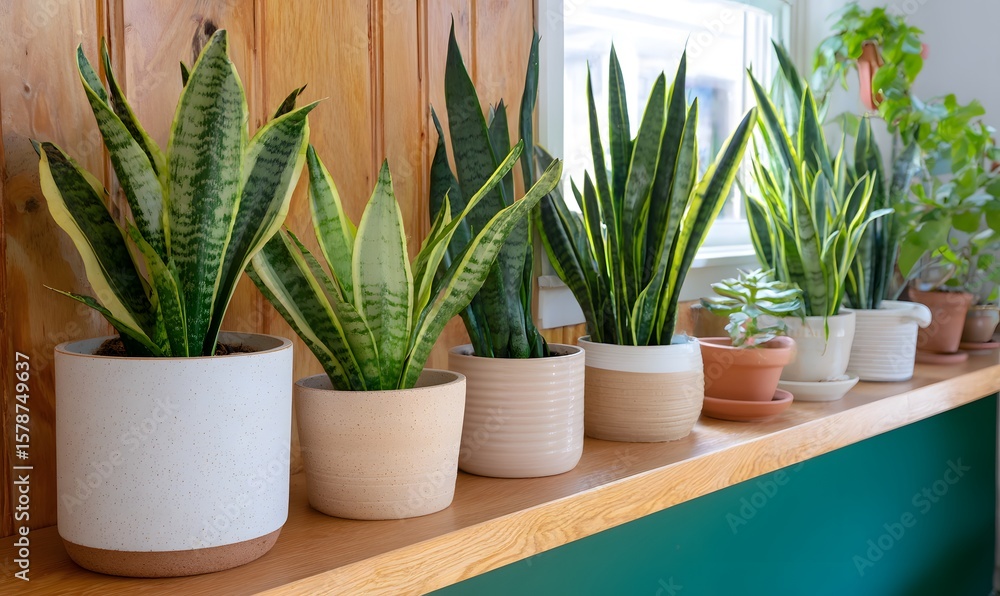 Obraz premium Snake Plant Varieties desplayed in multiple pots in one room