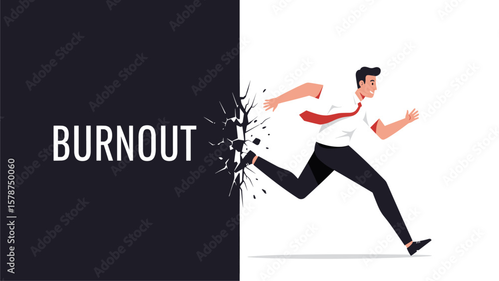Naklejka premium Man Escaping Burnout: Breaking Through Wall of Stress and Limitations