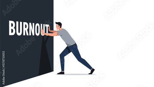 Man pushing against 'BURNOUT' wall, illustrating struggle with mental exhaustion, work-related stress, and overcoming challenges.
