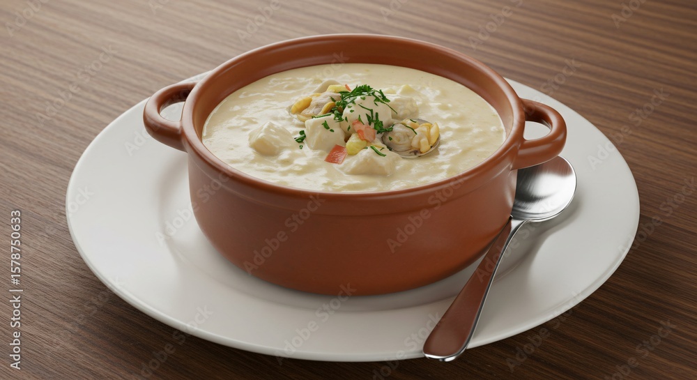 A bowl of creamy chowder soup with garnish on a white plate with a spoon on a wooden table top A bowl of creamy chowder soup with garnish on a white plate with a spoon on a wooden table top