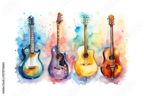 set of watercolor Guitar Music vector illustration isolated on white background