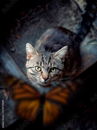 The cat looks at the butterfly
