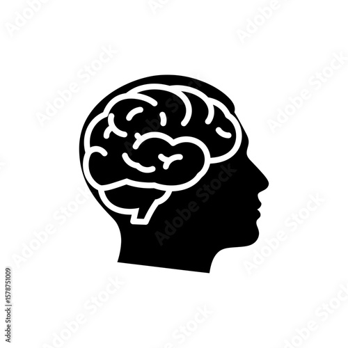 Silhouette of a human head with a brain depicted inside, representing intellect or thought.