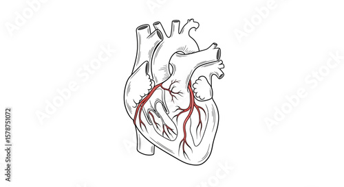Detailed anatomical drawing of a human heart, highlighting blood vessels.
