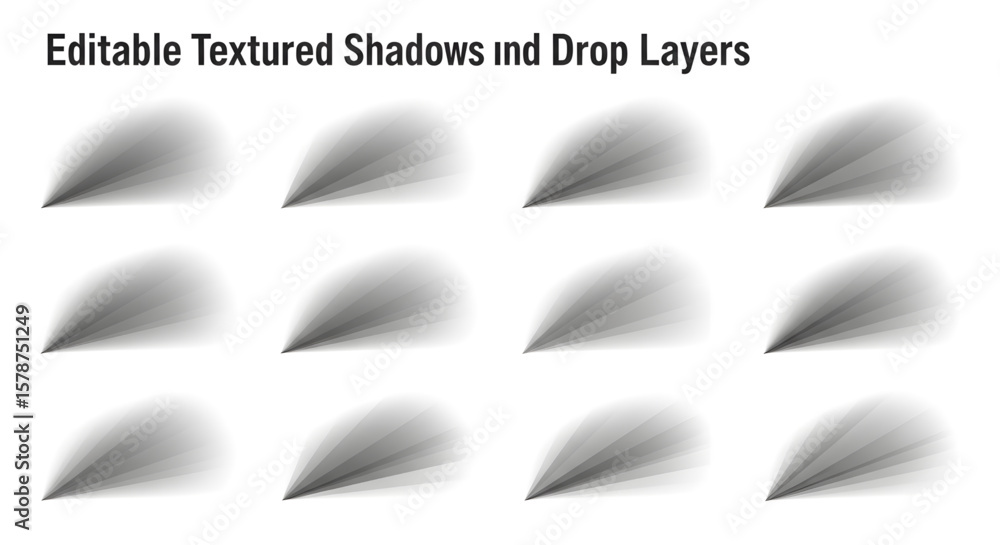 twelve editable textured shadows and drop layers, arranged in a grid, showcasing various shading effects.