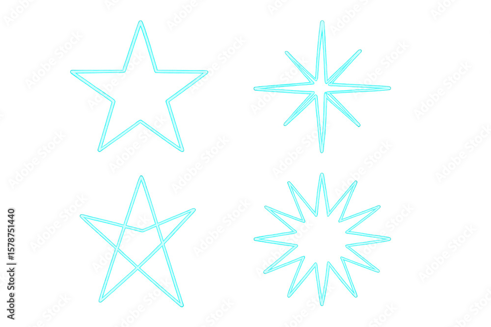 Obraz premium Vibrant turquoise neon stars glowing against transparent backdrop, featuring asymmetric geometric shapes for dynamic design elements