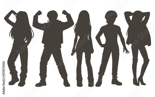 Set silhouette illustrations of kpop idols singing and dancing on stage. Flat vector kpop music star. Modern group dancers with various different styles, poses and choreography. Korean pop cultures.