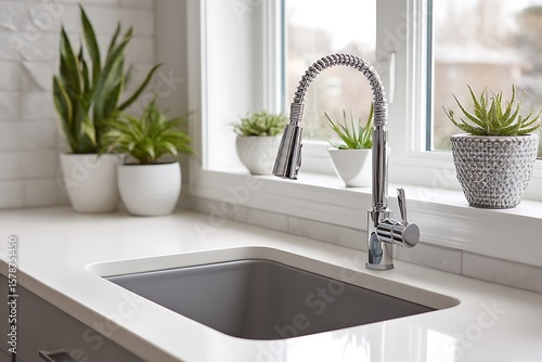Sleek gray undermount sink with a chrome faucet, in a modern kitchen with a white countertop and potted plants. .