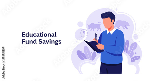 Faceless character planning educational fund savings by taking notes on stock market trends. Flat vector illustration with bull and bear icons, ideal for financial education concepts.