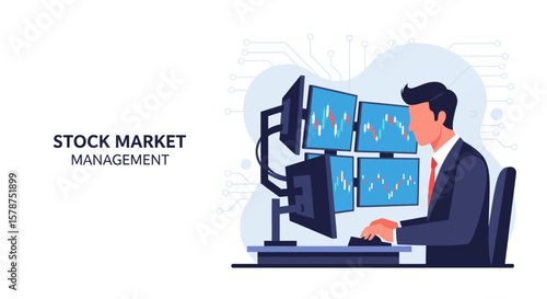 Focused faceless character managing corporate treasury by analyzing data on multiple monitors. Flat vector illustration with a circuit board background, perfect for complex financial concepts.