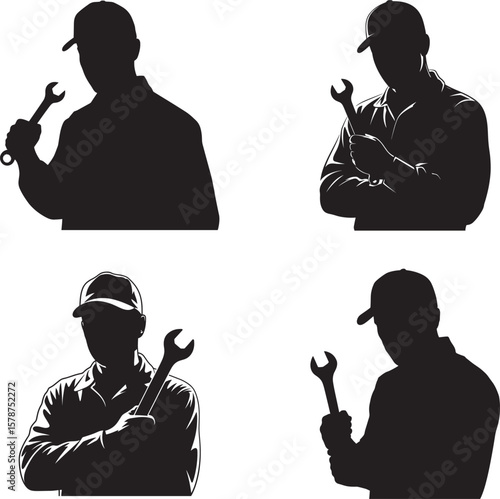 Mechanic Silhouette Set Holding Wrench Tool Isolated on White Background silhouette