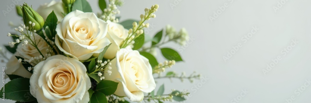 Obraz premium Elegant cascading bridal bouquet, ivory roses & greenery, cascading bouquet, white