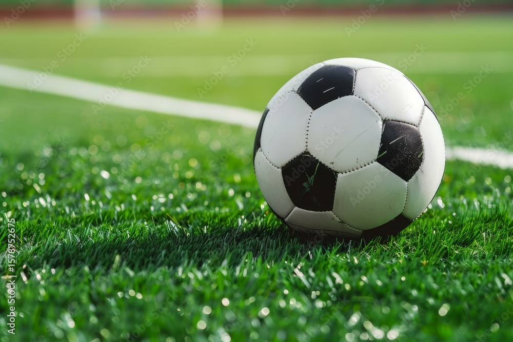 Fototapeta premium Classic soccer ball lying on the vibrant green artificial turf of a soccer field, ready for action