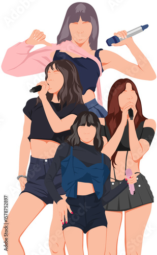 Set vector illustrations of kpop idols singing and dancing on stage. Bundle vector kpop music star. Modern idol group dancer with various different styles, poses and choreography. Korean pop cultures.