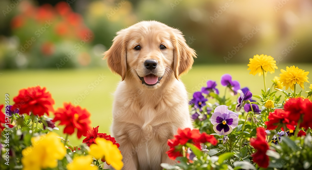 Golden retriever puppy sitting amidst colorful flowers in a garden on a sunny day outdoors ai generated Golden retriever puppy sitting amidst colorful flowers in a garden on a sunny day outdoors ai generated