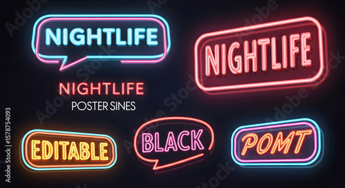 Neon signs collection featuring nightlife themes, editable text, and various speech bubble shapes.
