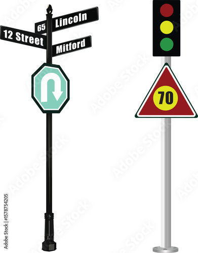
Realistic Traffic pole with u turn sign, speed limit and traffic light design vector illustration.
