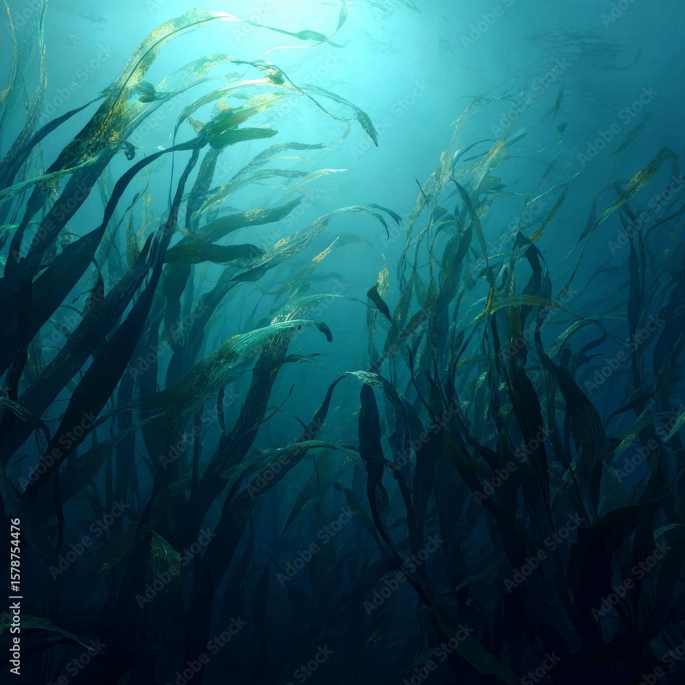 Fototapeta premium Lush Underwater Kelp Forest with Sunlight Filtering Through Water