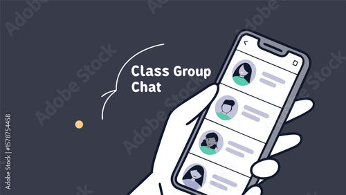 Hand holding a smartphone displaying a class group chat interface with multiple profile icons shown online
